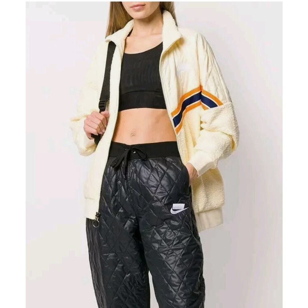 Nike Sherpa Loose Fit Oversized Full Zip Track Jacket Cream Women Sz XS - Picture 10 of 11